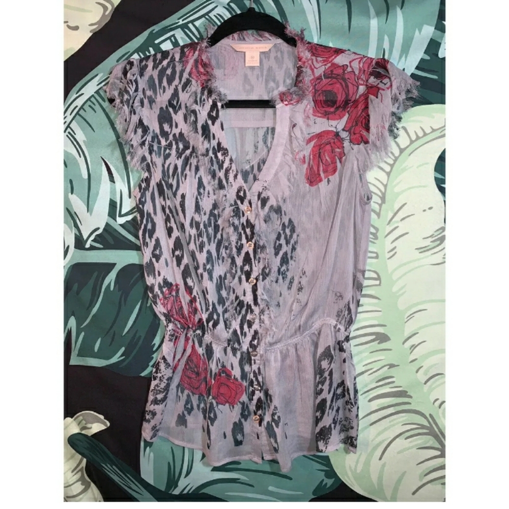 Jonathan Martin sheer Peasant floral blouse L